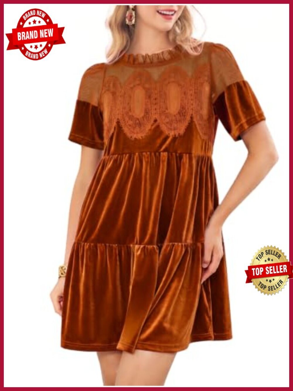 Velvet Lace Embroidered Babydoll Mini Dress Ruffle Neck A-Line